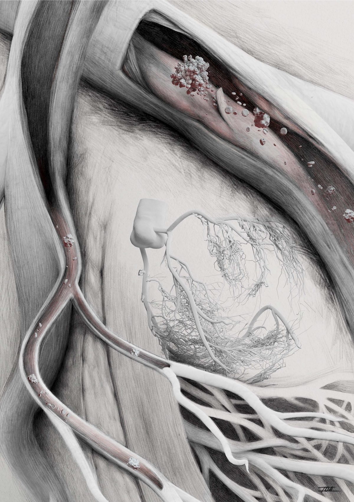 Künstlerische Darstellung der MINOCA-Erkrankung mit koronaren (Mikro-)Blutgefäßen, die durch Mikrothromben obstruiert sind (©Künstlerin Ida Götz)
